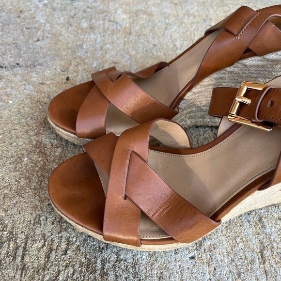 MICHAEL Michael Kors Women’s Brown Leather Open Toe Espadrille Wedge Heels - Picture 3 of 14